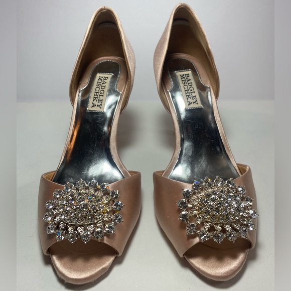 Badgley Mischka Women's Satin Peep-Toe Heels - Champagne with Crystal Features - Picture 2 of 8